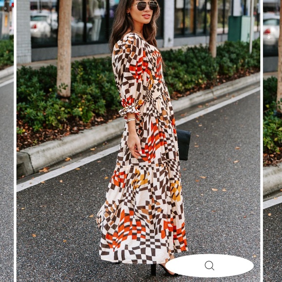 Fate Printed Pocketed Smocked Midi Dress Brown Multi Puffy Sleeves Square Neck M - Picture 2 of 16